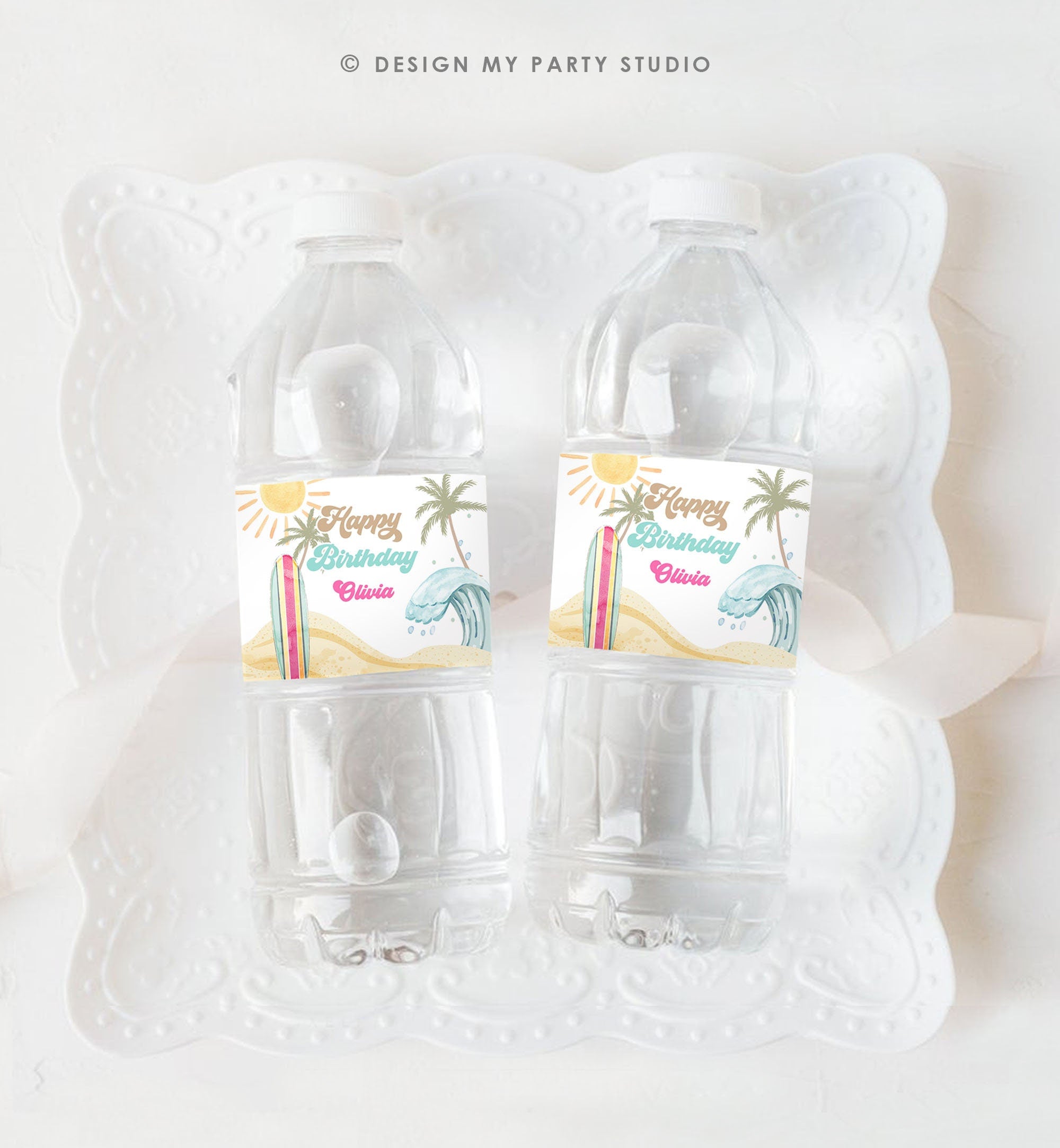 Editable Surf Water Bottle Label The Big One Party Decor Surf 1st Birthday Retro Girl Surfboard Digital Download Template Printable 0433