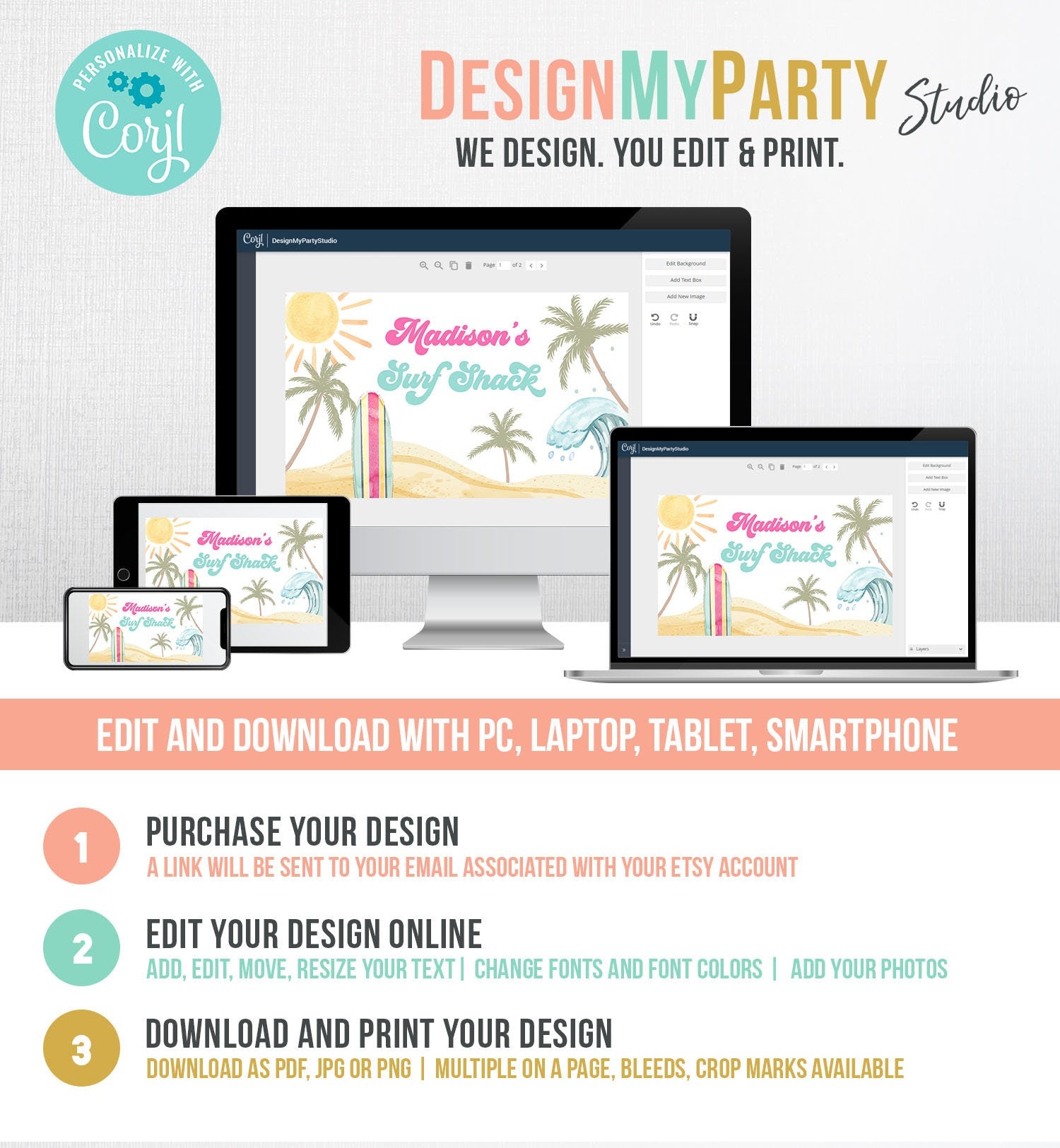 Editable Surf Birthday Backdrop Banner Surfing Girl First Beach The Big One Surf Shack Digital Download Template Printable 0433