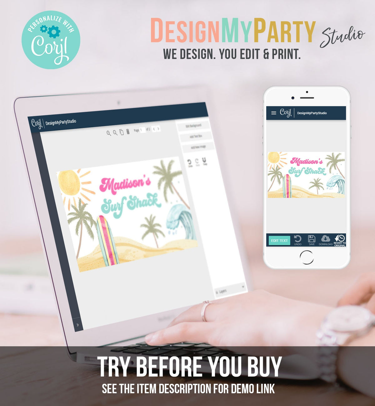 Editable Surf Birthday Backdrop Banner Surfing Girl First Beach The Big One Surf Shack Digital Download Template Printable 0433