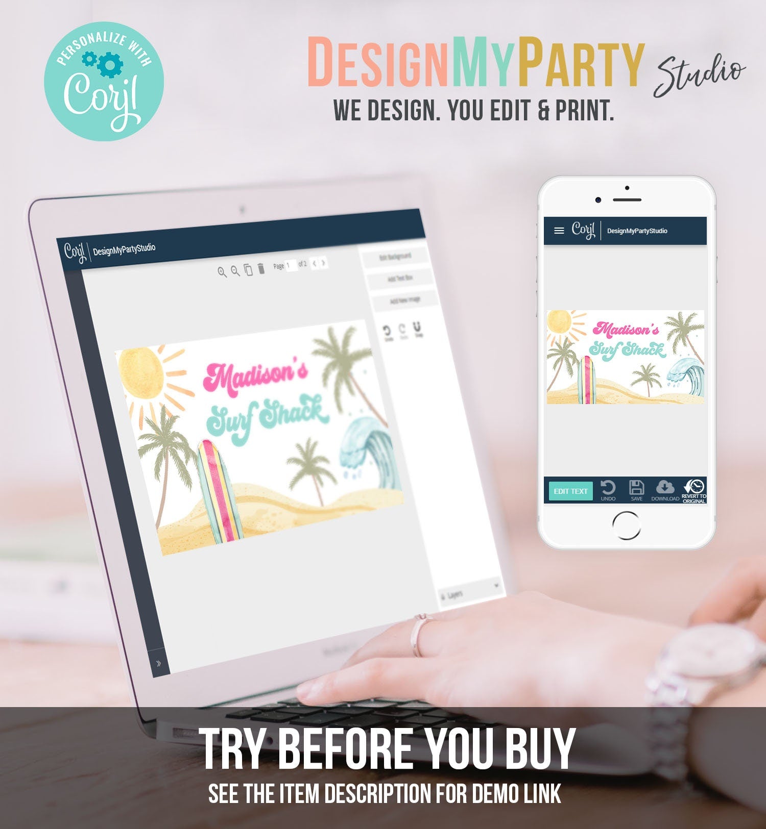 Editable Surf Birthday Backdrop Banner Surfing Girl First Beach The Big One Surf Shack Digital Download Template Printable 0433