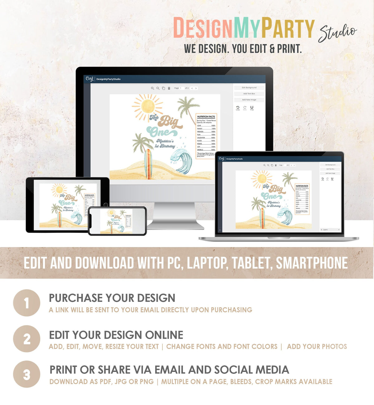 Editable Surf Party Chip Bag The Big One First Birthday Boy Surfing Surfboard Retro Beach Party Favors Digital Template Printable 0433