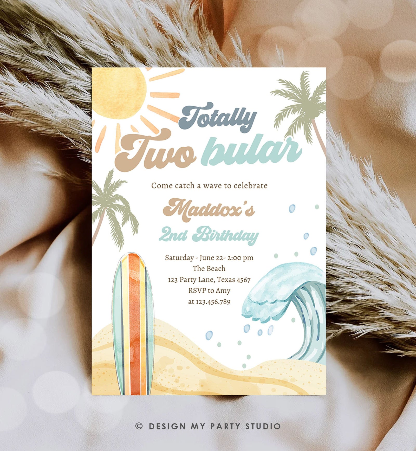Editable Totally Two-Bular Surf 2nd Birthday Invitation Retro Surfboard Beach Party Wave Surfer Boho Download Template Corjl Digital 0433