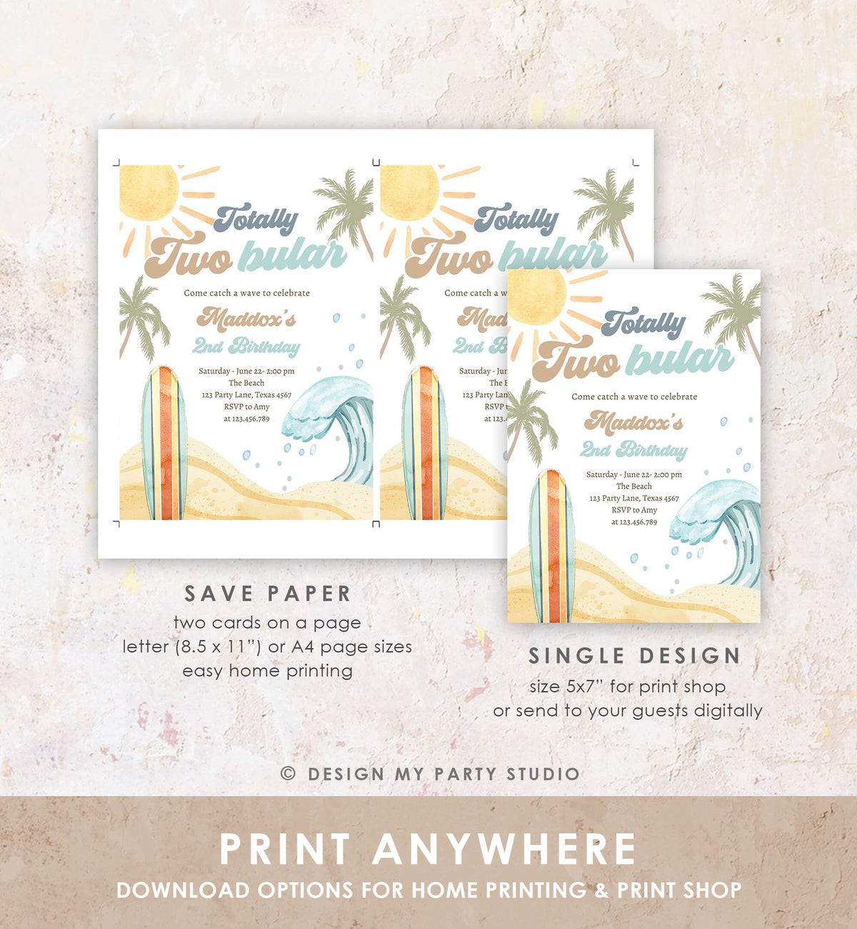 Editable Totally Two-Bular Surf 2nd Birthday Invitation Retro Surfboard Beach Party Wave Surfer Boho Download Template Corjl Digital 0433