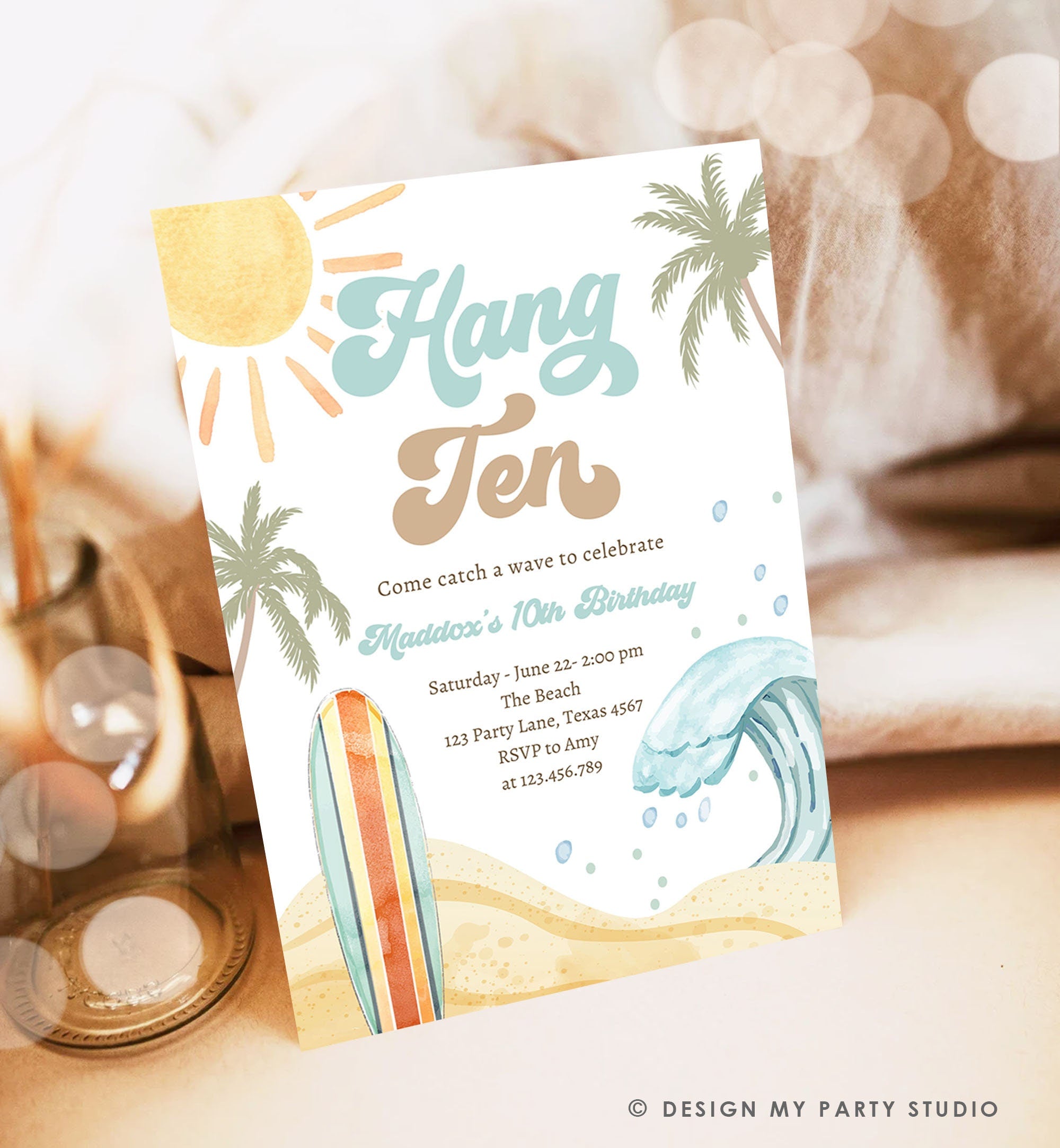 Editable Hang Ten Surf 10th Birthday Invitation Retro Surfboard Beach Party Wave Boy Dude Surfer Boho Digital Evite Template Printable 0433