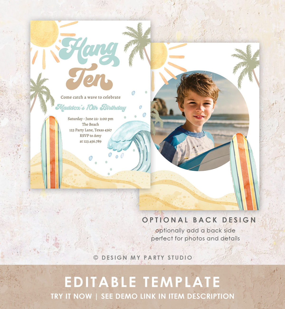 Editable Hang Ten Surf 10th Birthday Invitation Retro Surfboard Beach Party Wave Boy Dude Surfer Boho Digital Evite Template Printable 0433