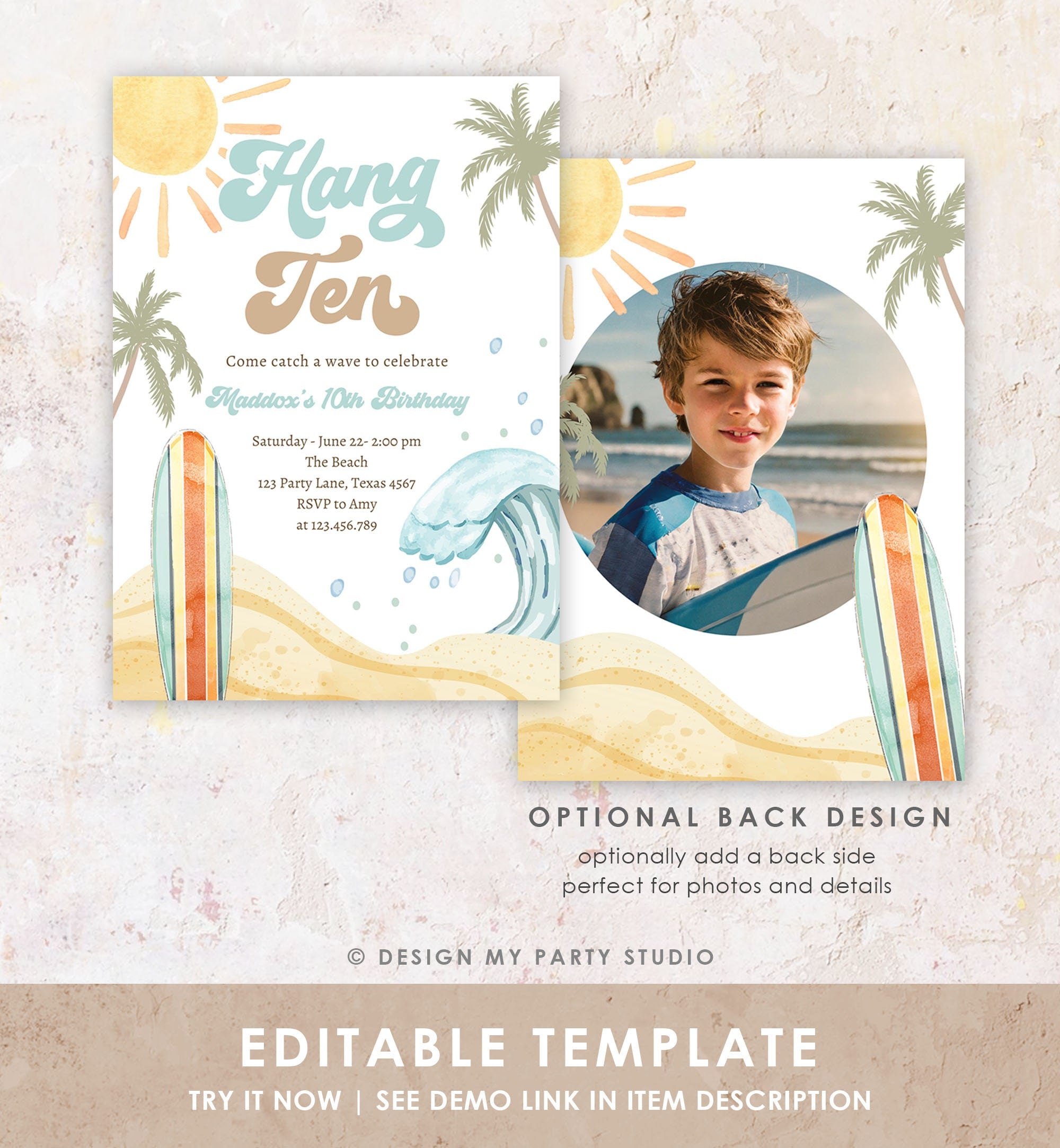 Editable Hang Ten Surf 10th Birthday Invitation Retro Surfboard Beach Party Wave Boy Dude Surfer Boho Digital Evite Template Printable 0433