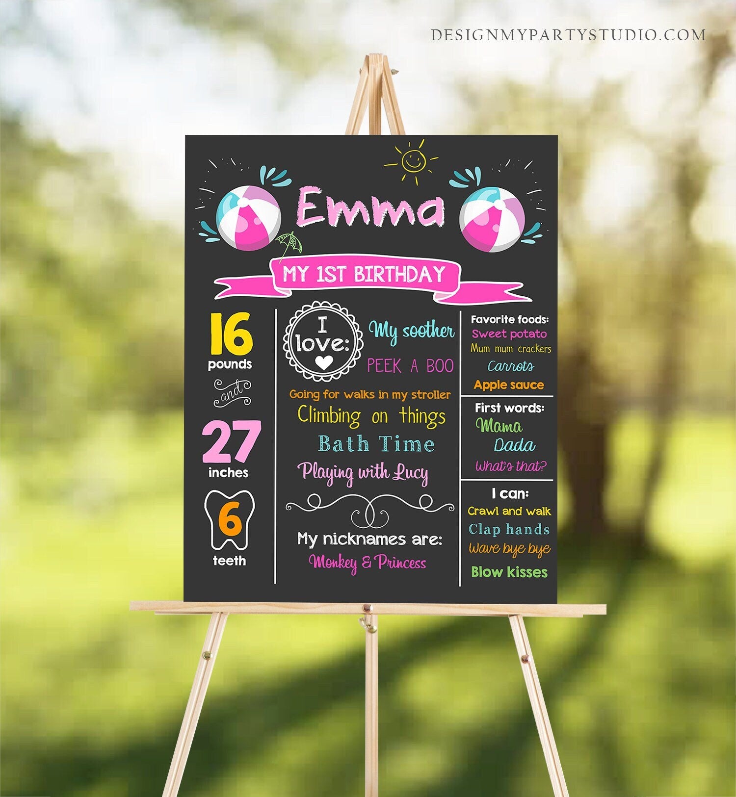 Editable Pool Party Birthday Milestones Poster Birthday Chalkboard Splish Splash Ball 1st Birthday Girl Pink Download Printable Corjl 0169