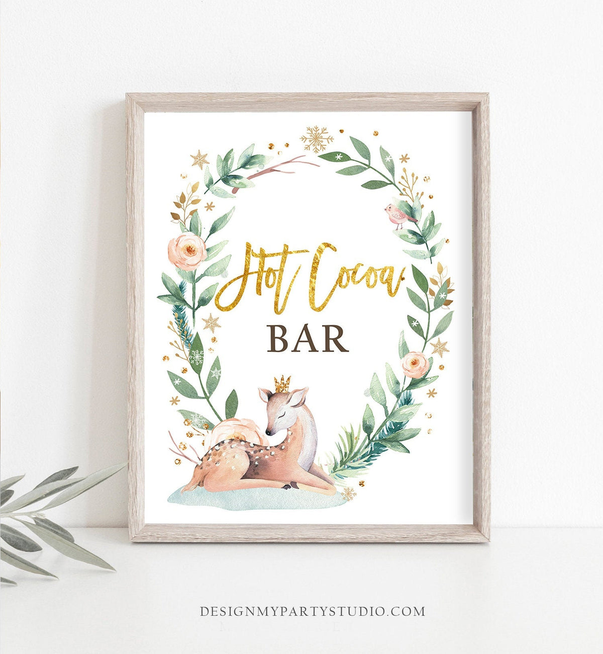 Hot Cocoa Bar Sign Deer Winter Onederland First Birthday Chocolate Bar Wonderland Girl Pink Gold Table Hot Drinks Download Printable 0265