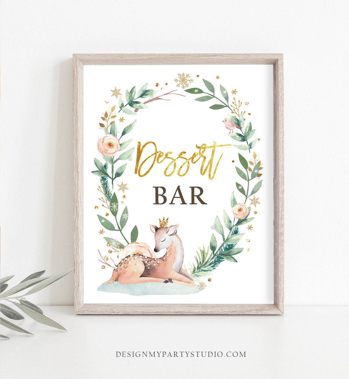Dessert Bar Sign Deer Winter Onederland First Birthday Food Station Bar Wonderland Girl Pink Gold Table Hot Drinks Download Printable 0265