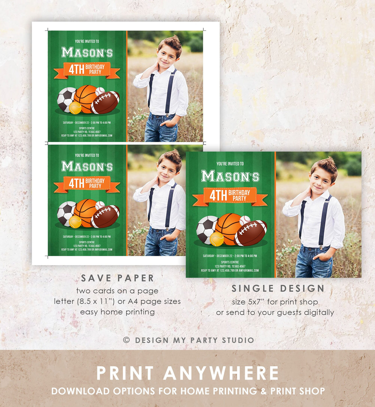 Editable Sports Birthday Invitation Boy Birthday Party Sport Football Baseball Basketball Soccer Tennis Corjl Template Printable 0137