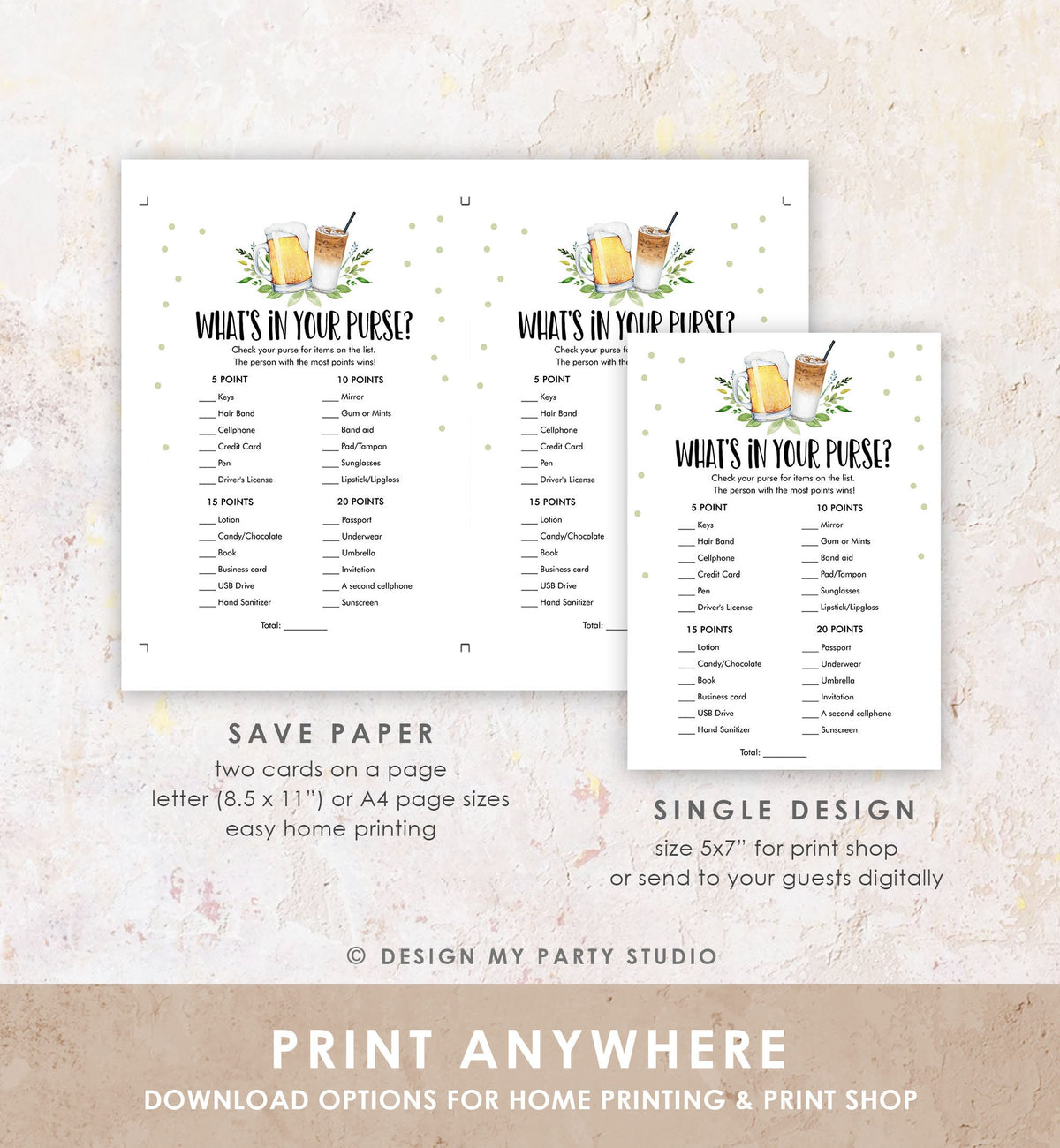 Editable What&#39;s in Your Purse Bridal Shower Game Love is Brewing Cold Brew Wedding Activity Shower Activity Corjl Template Printable 0190