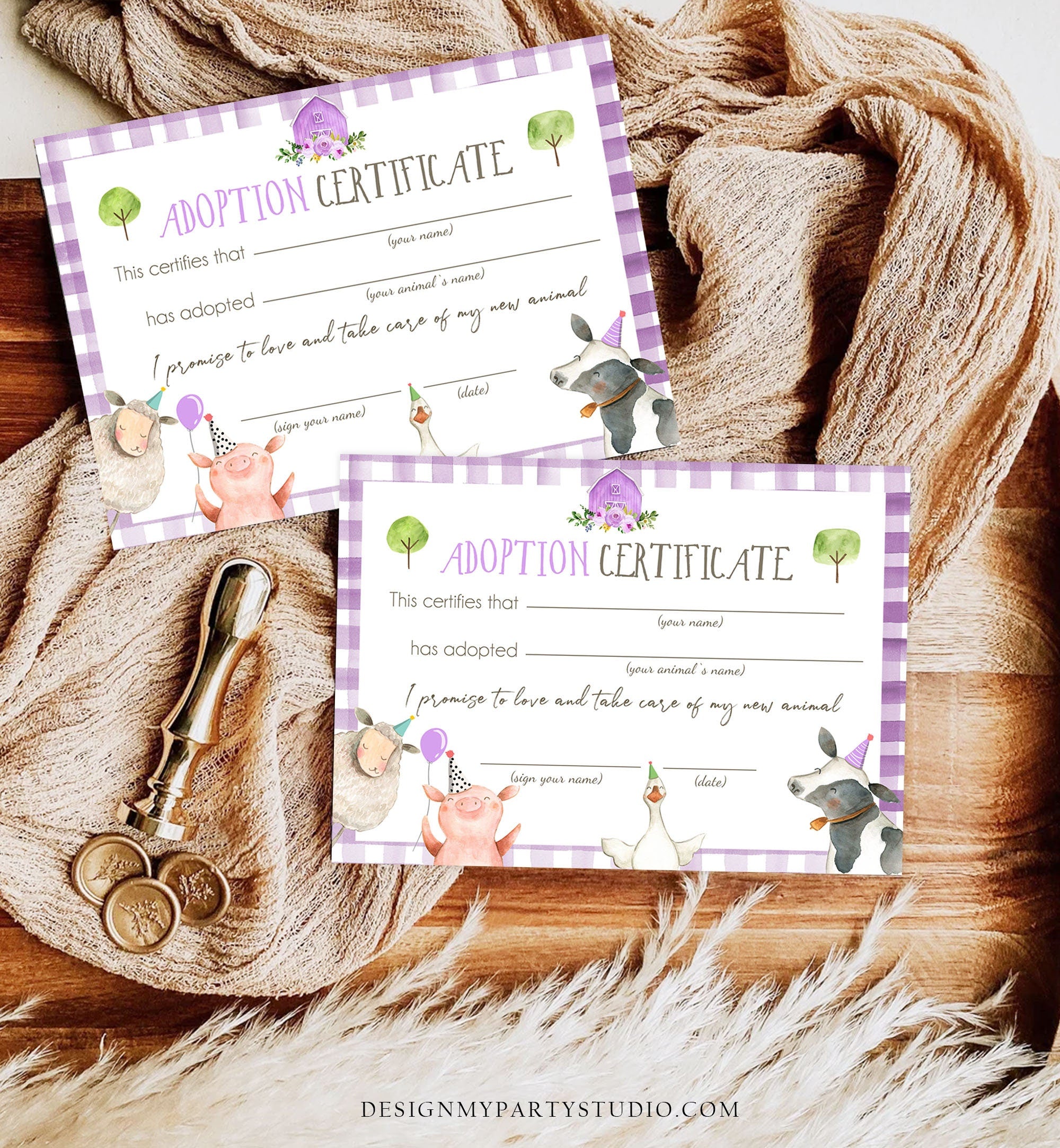 adopt-an-animal-adoption-certificate-farm-animals-adoption-purple-farm-design-my-party-studio for Free Printable Stuffed Animal Adoption Certificate Adopt an Animal Adoption Certificate Farm Animals Adoption Purple Farm - Design My Party Studio for Free Printable Stuffed Animal Adoption Certificate