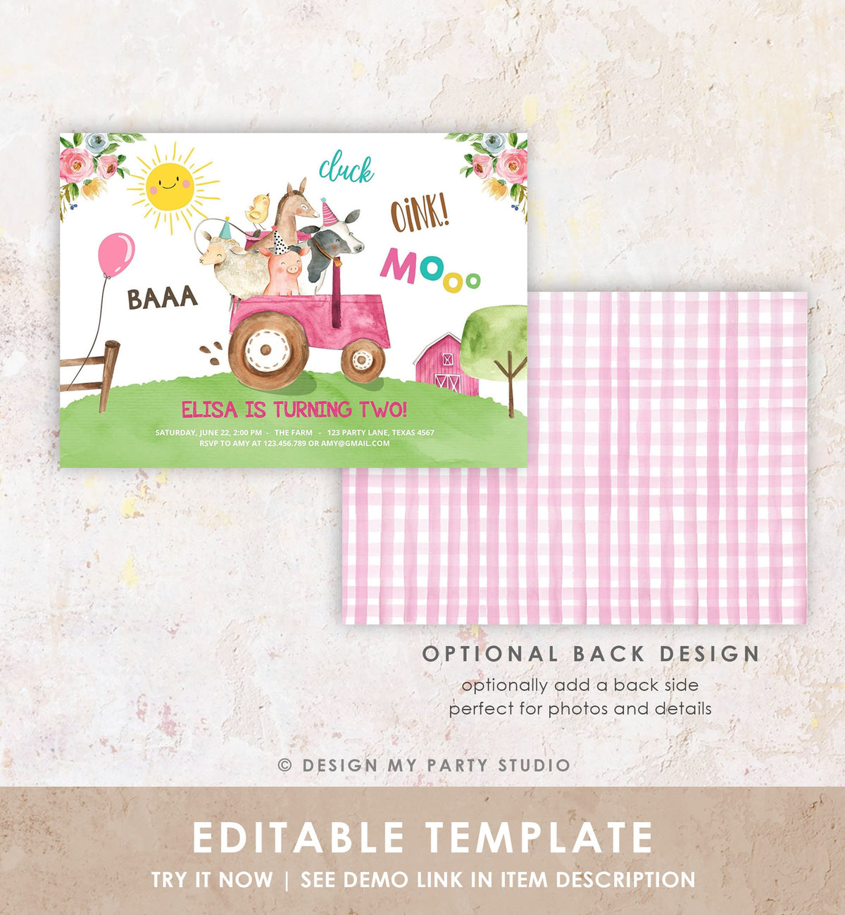 Editable Farm Birthday Invitation Girl Farm Animals Pink Tractor Barnyard Party Tractor Digital Download Evite Template Printable 0155