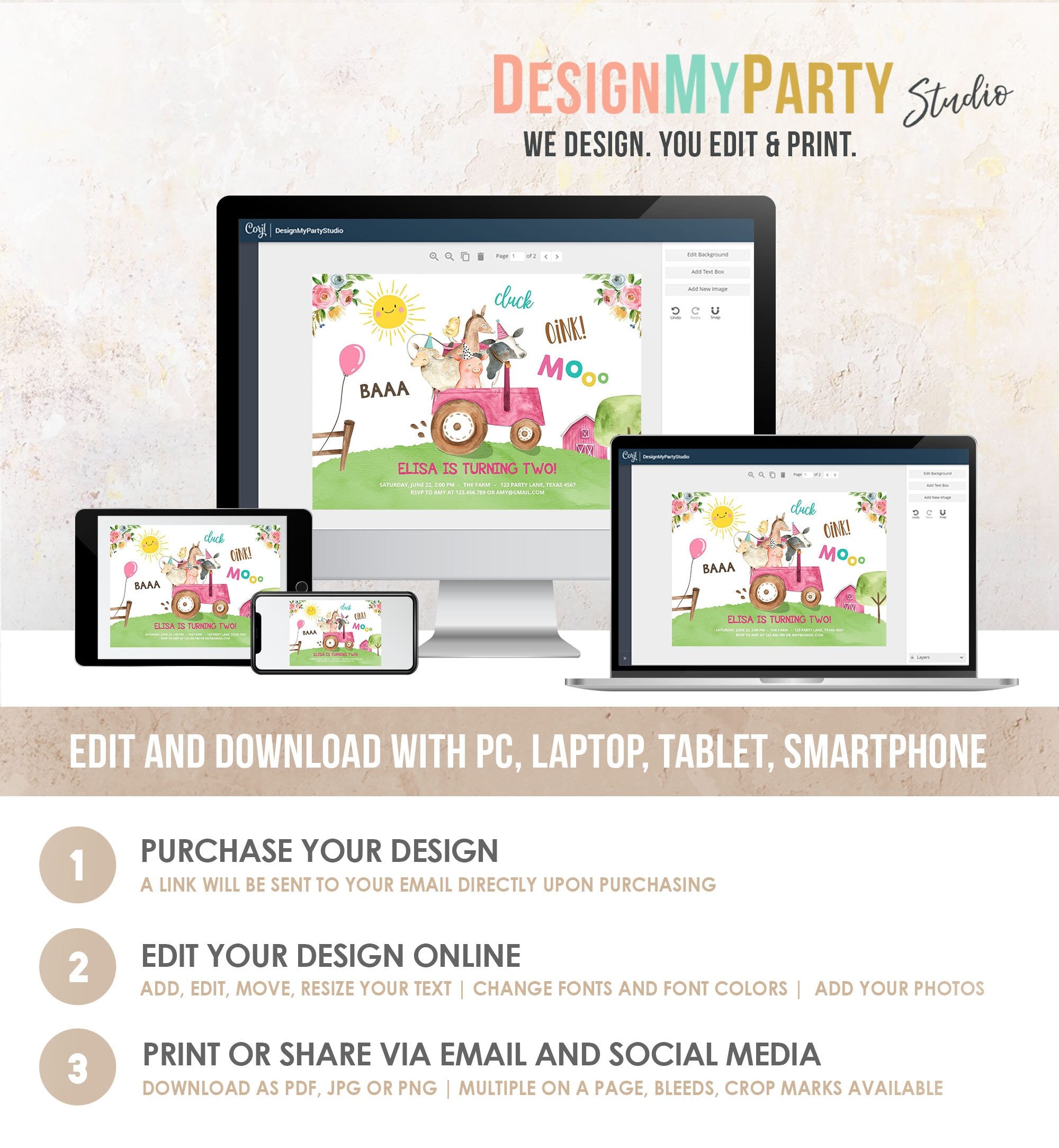 Editable Farm Birthday Invitation Girl Farm Animals Pink Tractor Barnyard Party Tractor Digital Download Evite Template Printable 0155