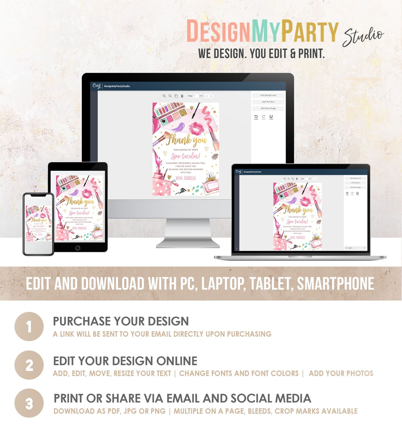 Editable Spa Party Thank You Card Glamour Party Thank You Note Spa Birthday Girl Make Up Party Glam Pink Digital Corjl Template 0420