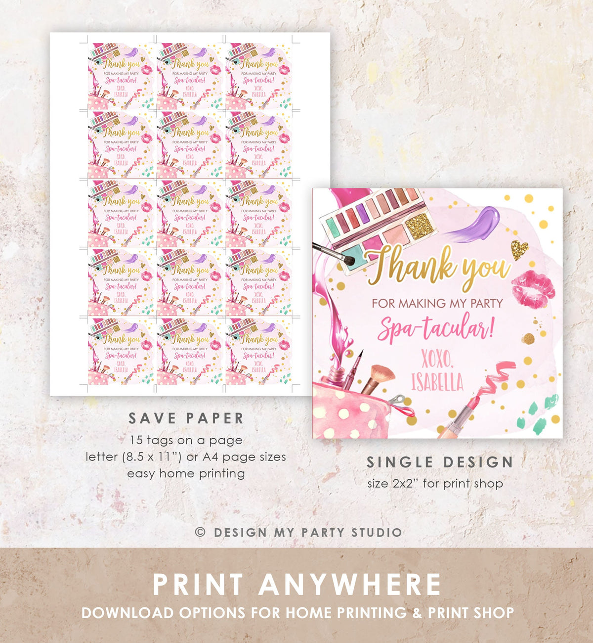 Editable Spa Party Favor Tags Glamour Party Thank You Tags Spa Birthday Girl Make up Party Glam Pink Gift Tag Digital Corjl Template 0420