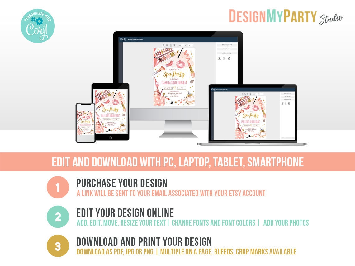 Spa Party Birthday Invitation Bundle Glitters and Glamour Make Up Fashion Birthday Party Girl Kit Package Digital Template Printable 0420