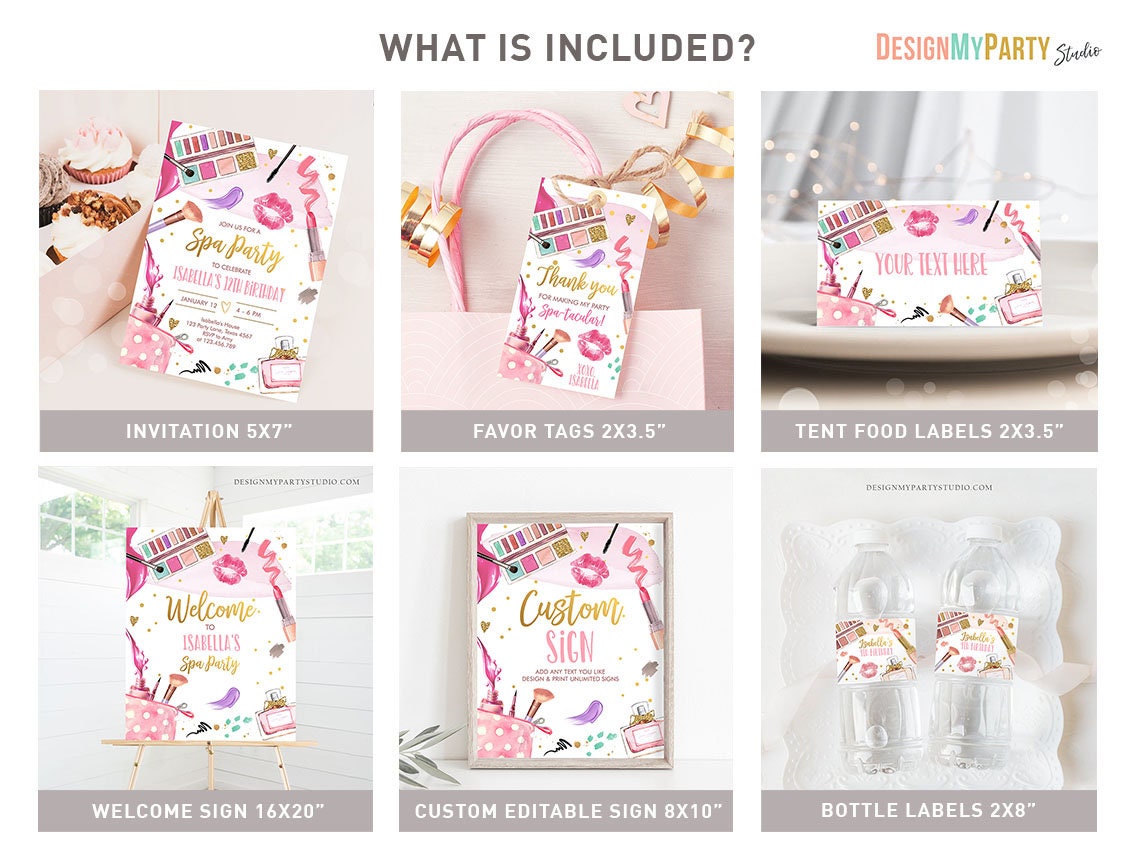 Spa Party Birthday Invitation Bundle Glitters and Glamour Make Up Fashion Birthday Party Girl Kit Package Corjl Template Printable 0420