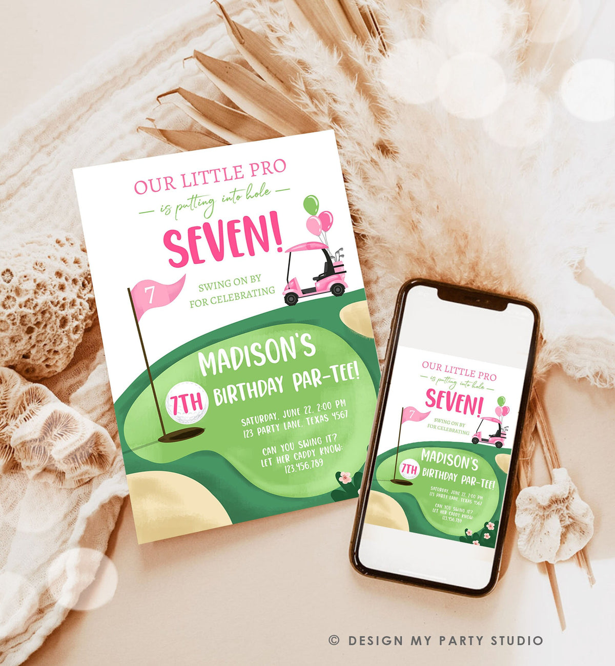 Editable Little Golf Pro Birthday Invitation Par-tee Swinging By ANY AGE Girl Cart Golfing Digital Download Evite Template Printable 0405