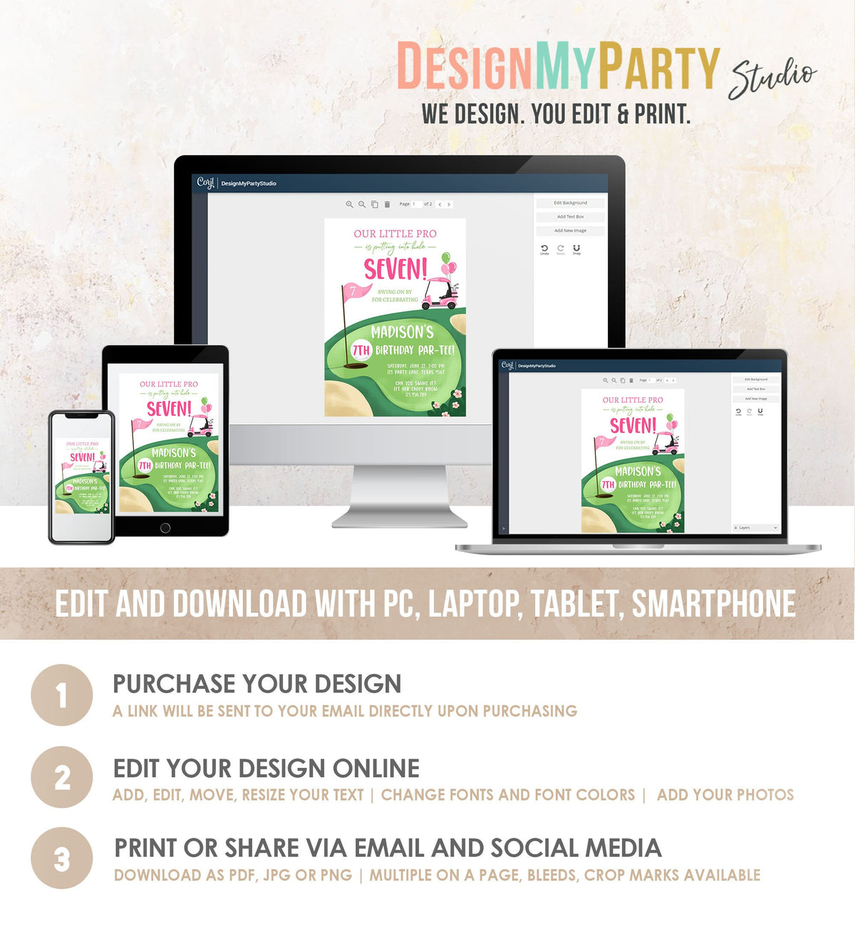 Editable Little Golf Pro Birthday Invitation Par-tee Swinging By ANY AGE Girl Cart Golfing Digital Download Evite Template Printable 0405