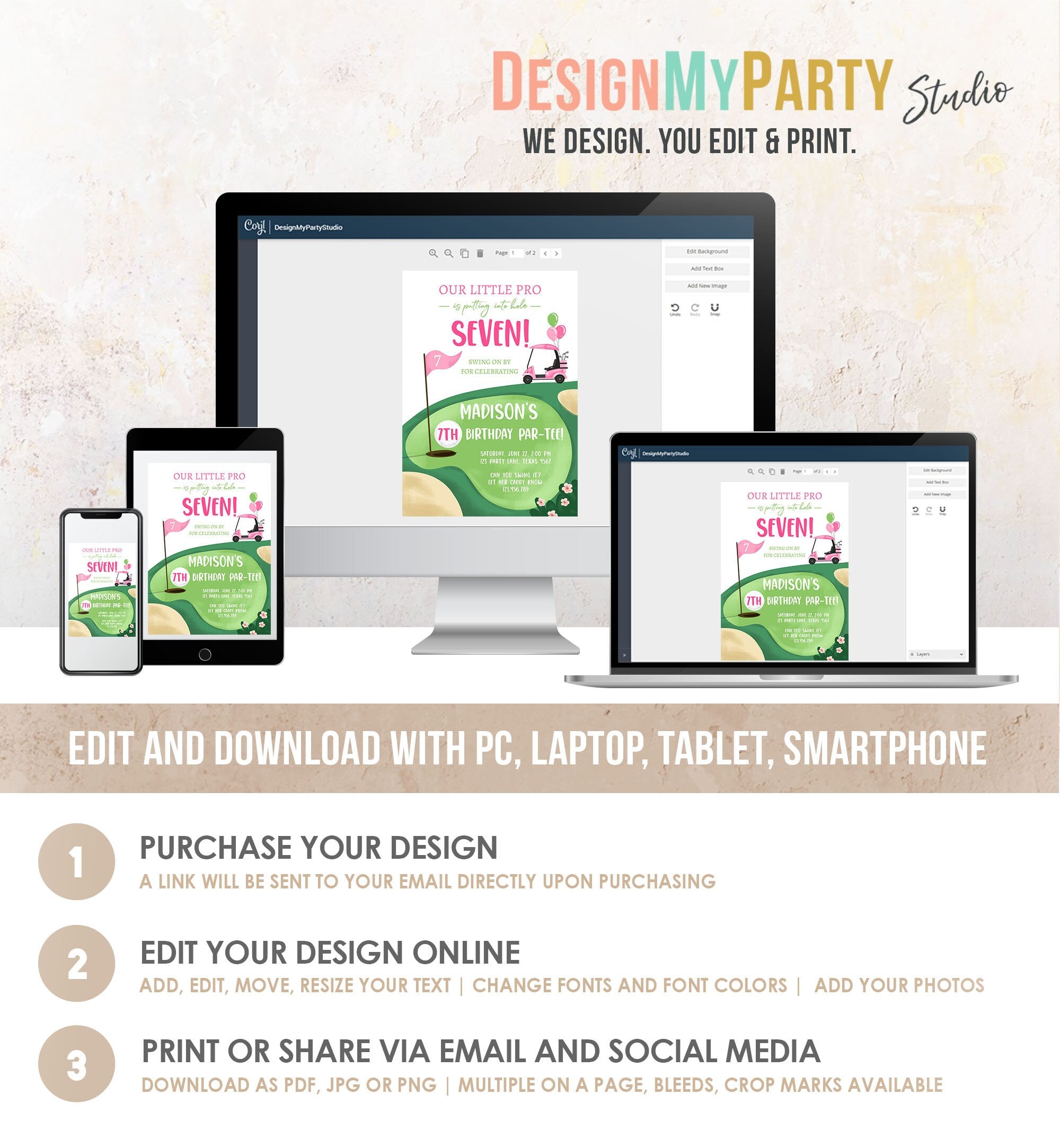 Editable Little Golf Pro Birthday Invitation Par-tee Swinging By ANY AGE Girl Cart Golfing Digital Download Evite Template Printable 0405