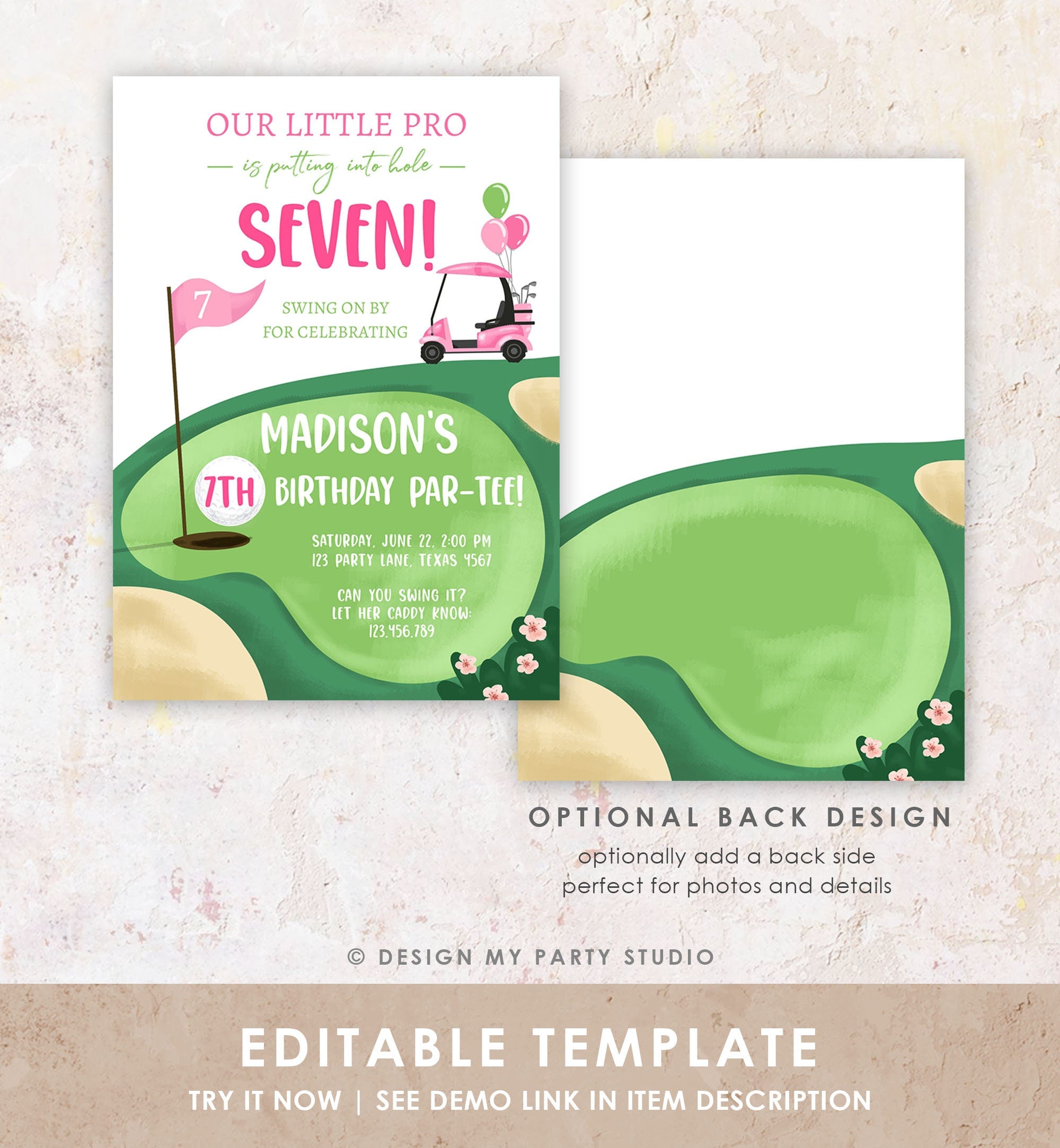 Editable Little Golf Pro Birthday Invitation Par-tee Swinging By ANY AGE Girl Cart Golfing Digital Download Evite Template Printable 0405