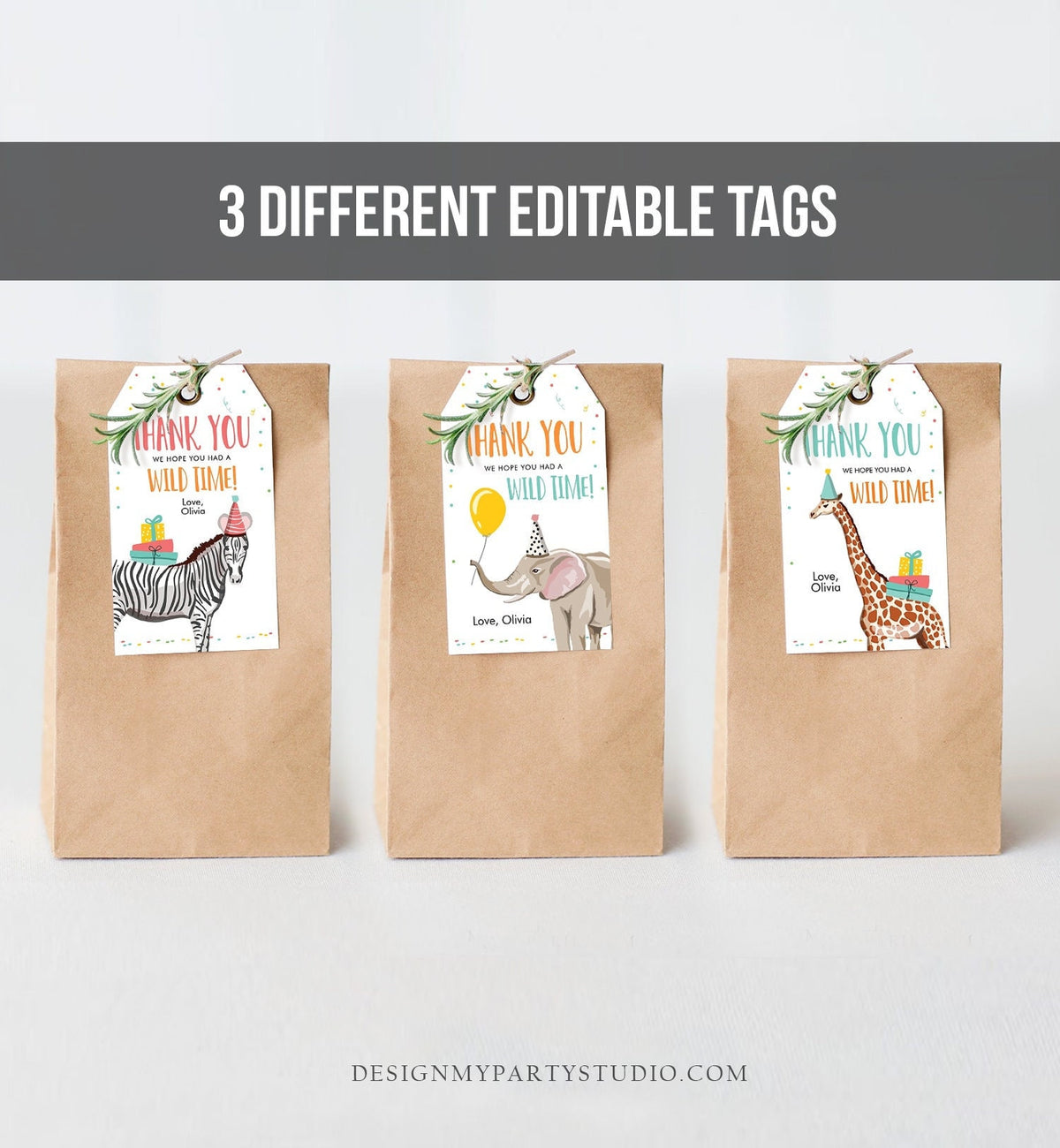 Editable Party Animals Favor Tags Wild One Animals Thank You Tags Safari Zoo Animals Birthday Wild Time Gift Tag Digital Corjl Template 0142