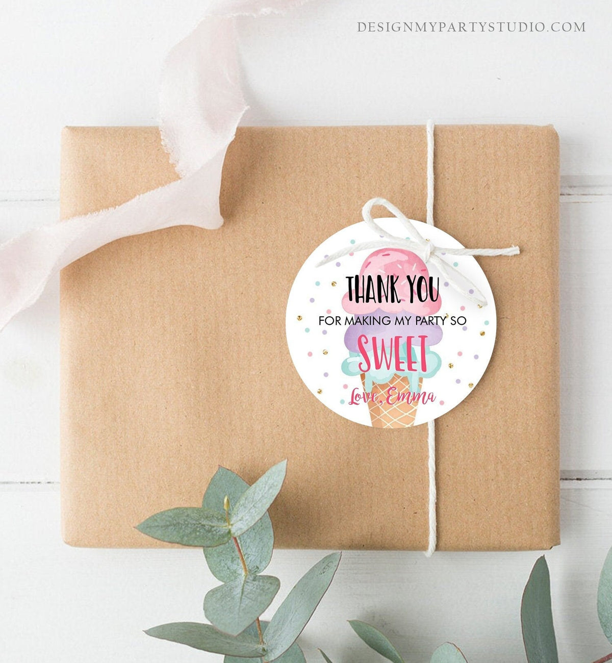 Editable Ice Cream Thank You Tag Round Ice Cream Stickers Girl  Birthday Pink Ice Cream Sweet Favor Tag Corjl Template Printable 0243