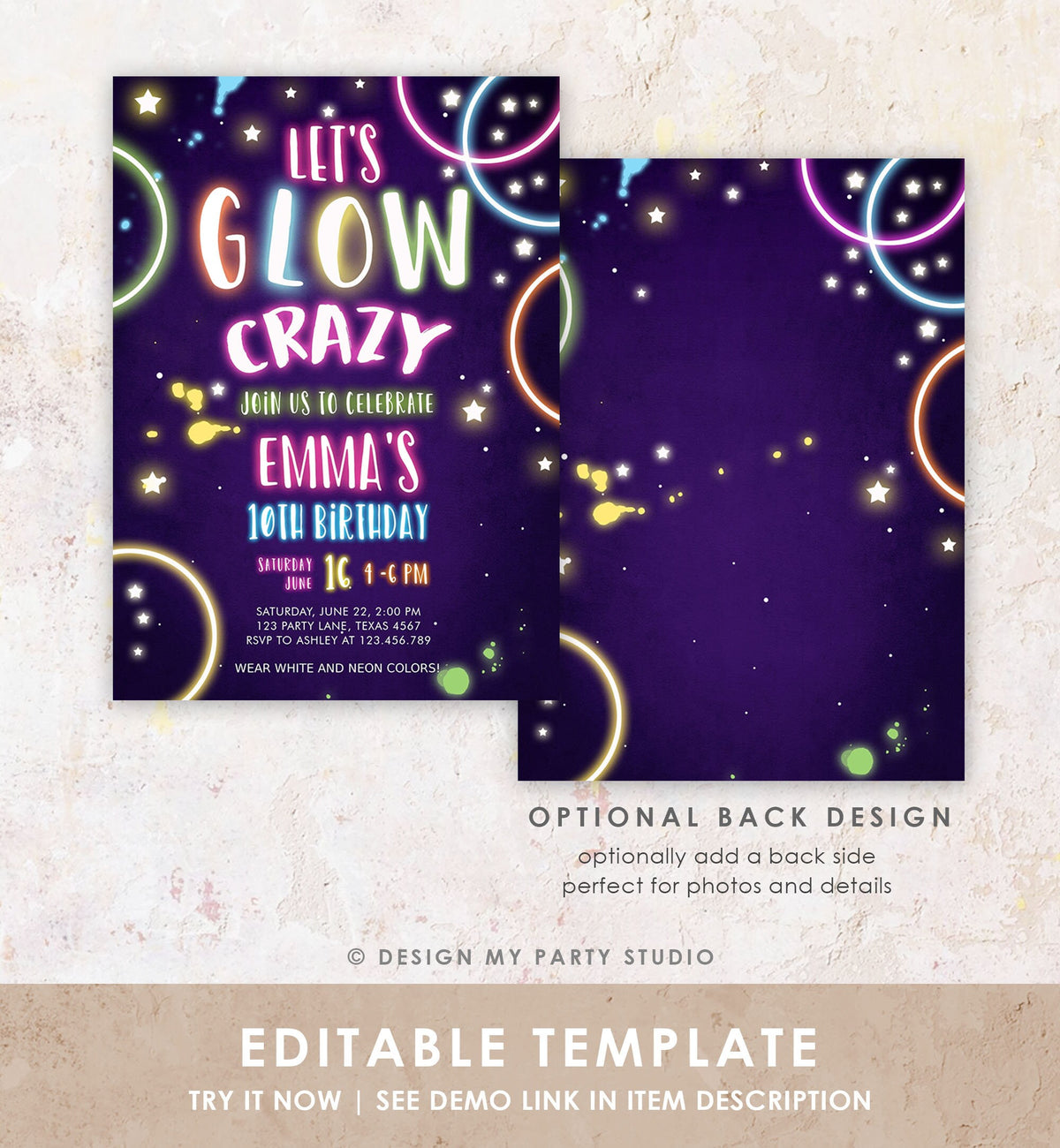 Editable Let&#39;s Glow Crazy Birthday Invitation Glow Party Neon Glow In The Dark Girl Teen Pink Digital Download Evite Template Printable 0172
