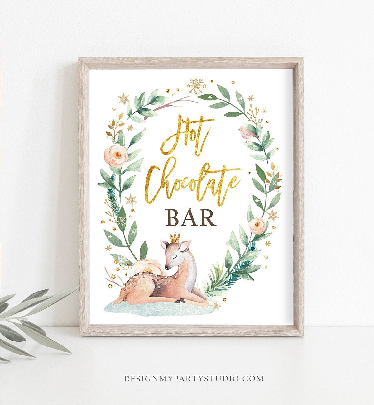 Hot Chocolate Bar Sign Deer Winter Onederland First Birthday Cocoa Bar Wonderland Girl Pink Gold Table Hot Drinks Download Printable 0265