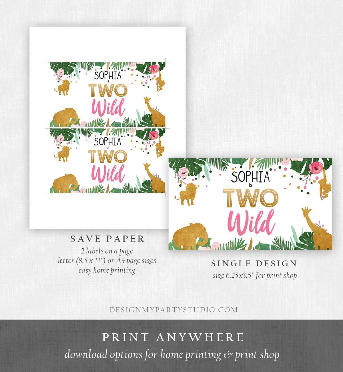 Editable Safari Animals Birthday Gable Gift Box Label Party Animals Gold Girl Pink Two Wild Digital Download Template Printable 0016