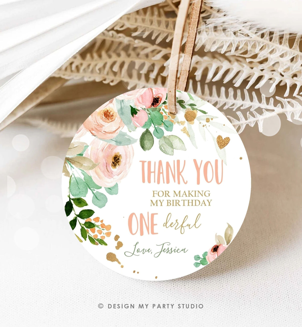 Editable Floral Favor tags Little Miss Onederful Birthday Thank you tag Girl Pink and Gold Peonies Flowers tags PRINTABLE Sticker 0147