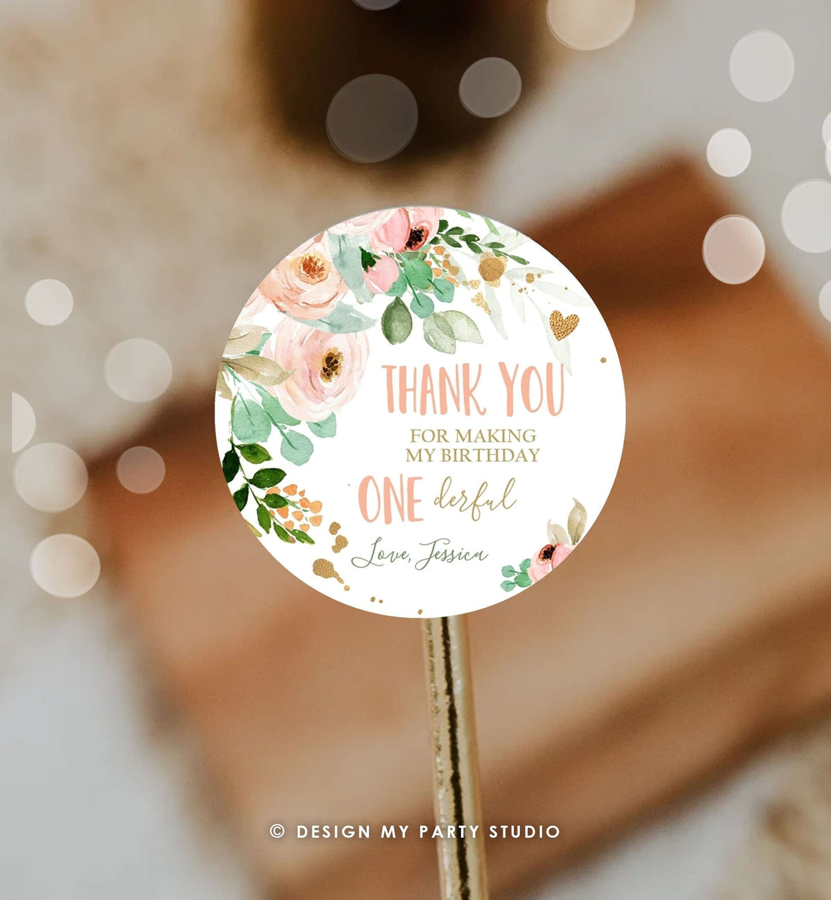 Editable Floral Favor tags Little Miss Onederful Birthday Thank you tag Girl Pink and Gold Peonies Flowers tags PRINTABLE Sticker 0147