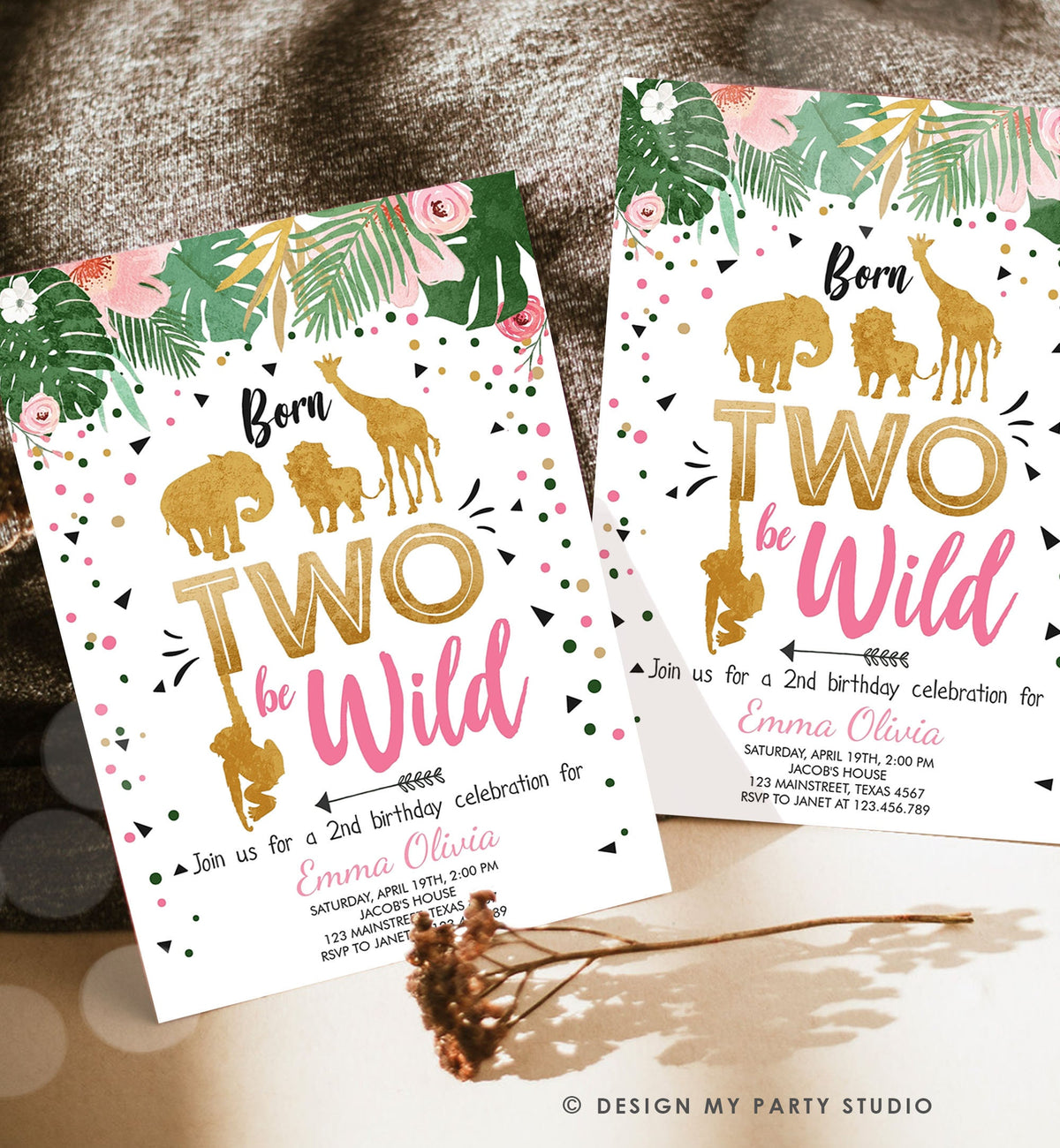 Editable Born Two Be Wild Birthday Invitation Girl Animals Jungle Safari Pink Gold 2nd Birthday Digital Download Template Printable 0016