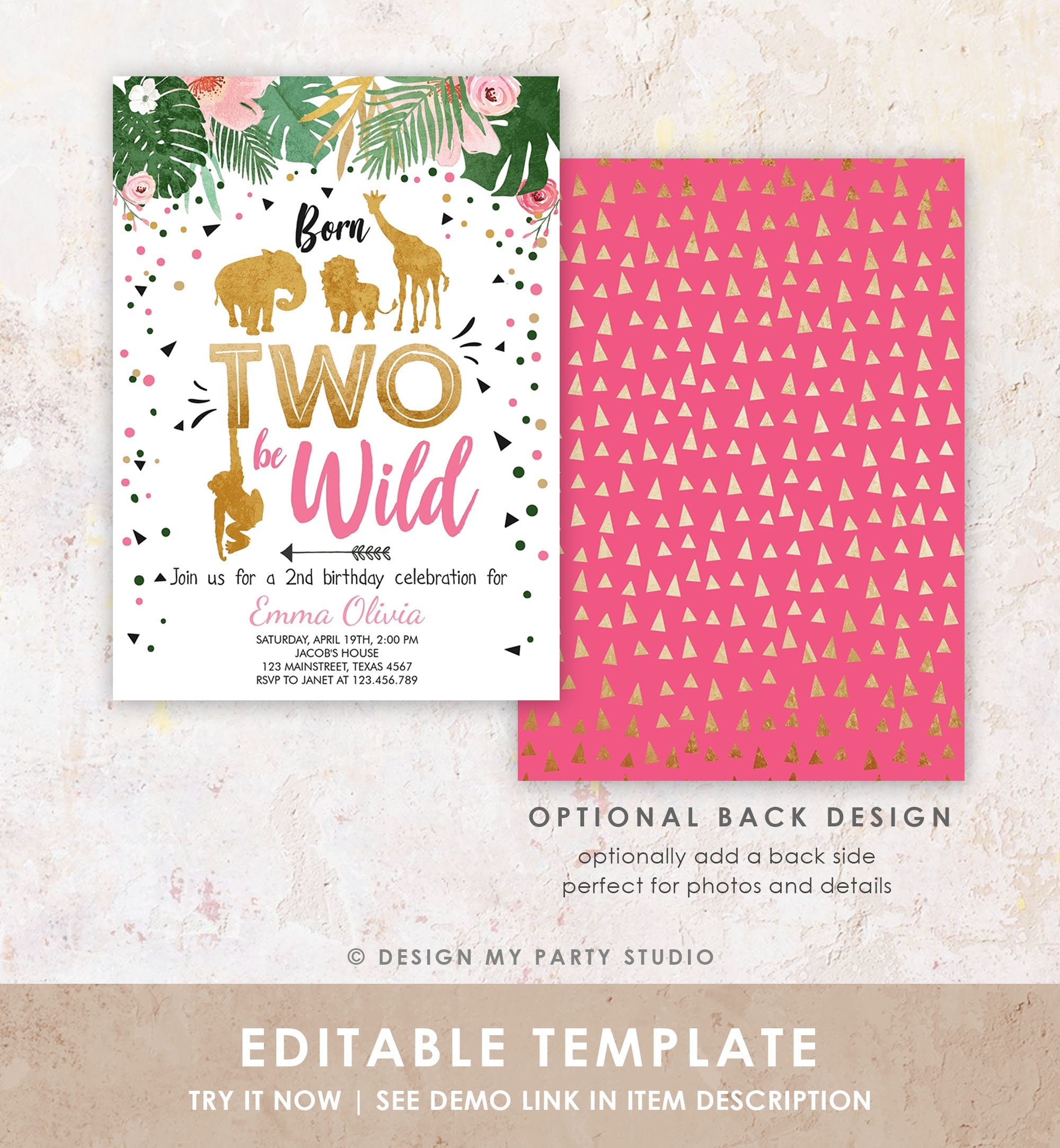 Editable Born Two Be Wild Birthday Invitation Girl Animals Jungle Safari Pink Gold 2nd Birthday Digital Download Template Printable 0016
