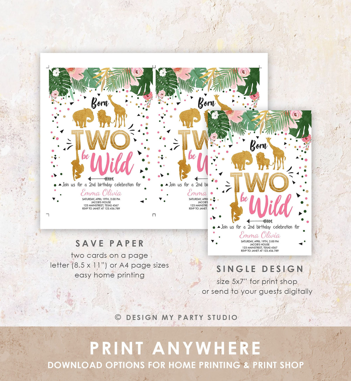 Editable Born Two Be Wild Birthday Invitation Girl Animals Jungle Safari Pink Gold 2nd Birthday Digital Download Template Printable 0016