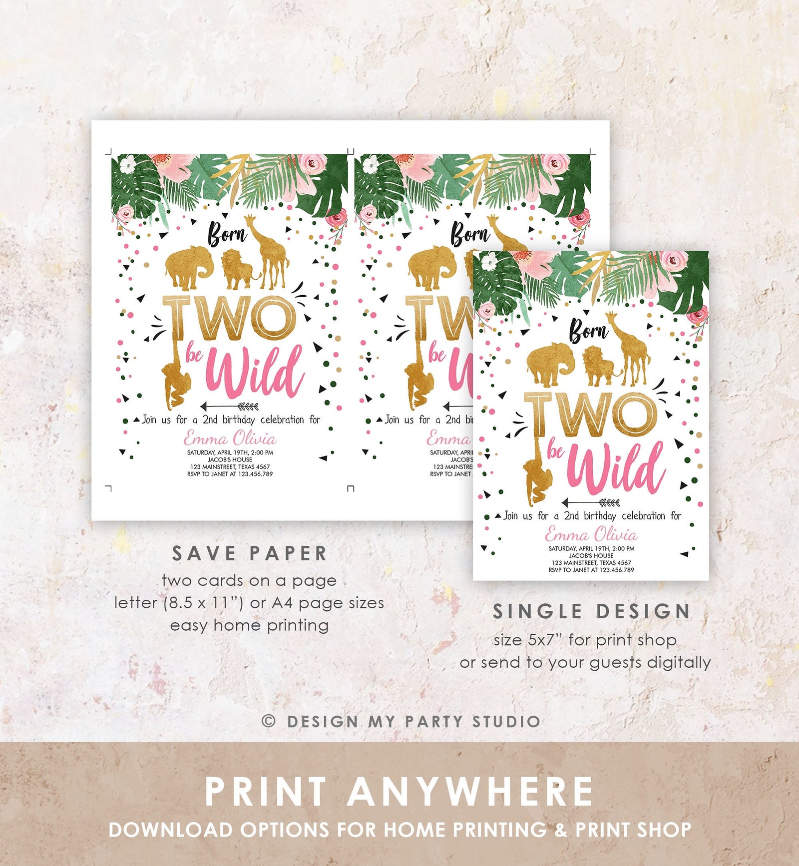 Editable Born Two Be Wild Birthday Invitation Girl Animals Jungle Safari Pink Gold 2nd Birthday Digital Download Template Printable 0016