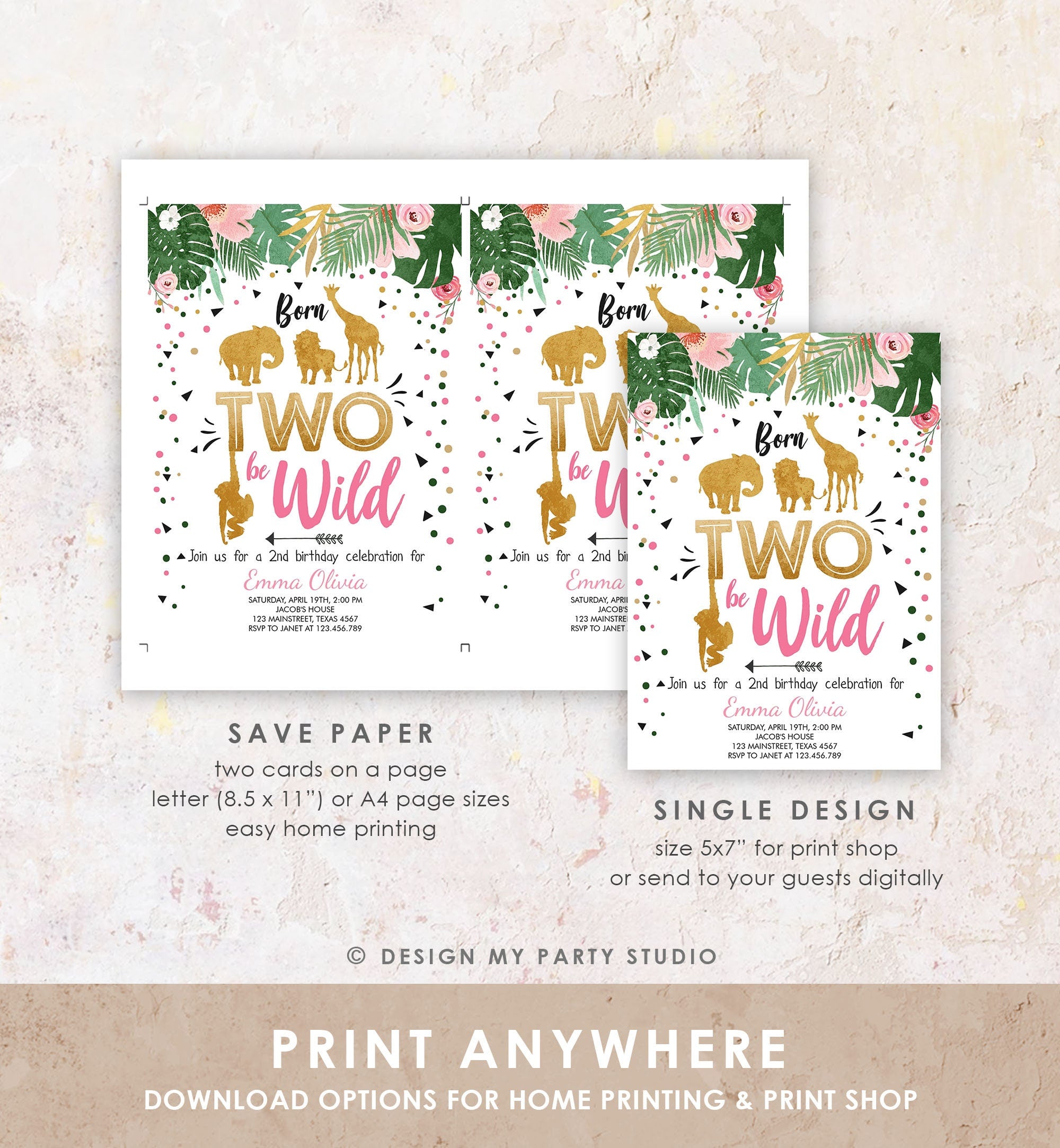 Editable Born Two Be Wild Birthday Invitation Girl Animals Jungle Safari Pink Gold 2nd Birthday Digital Download Template Printable 0016