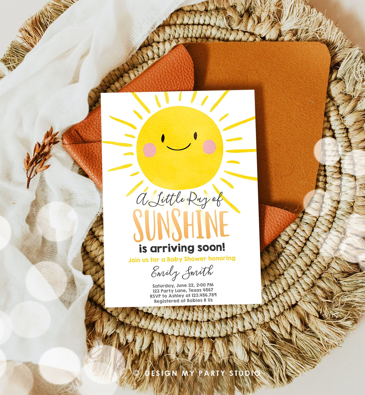 Editable Sunshine Baby Shower Invitation A Ray of Sunshine Little Sunshine Gender Neutral Digital Download Evite Template Printable 0141