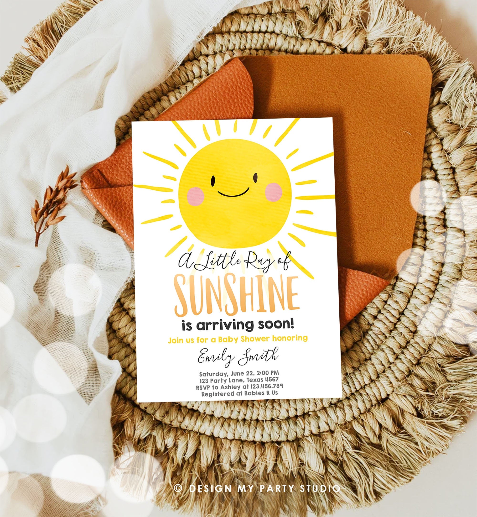Editable Sunshine Baby Shower Invitation A Ray of Sunshine Little Sunshine Gender Neutral Digital Download Evite Template Printable 0141