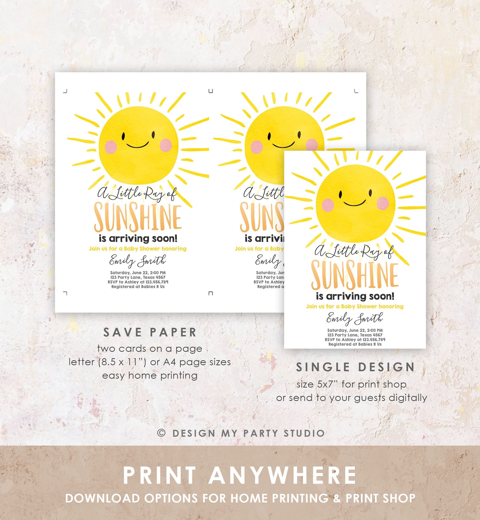 Editable Sunshine Baby Shower Invitation A Ray of Sunshine Little Sunshine Gender Neutral Digital Download Evite Template Printable 0141
