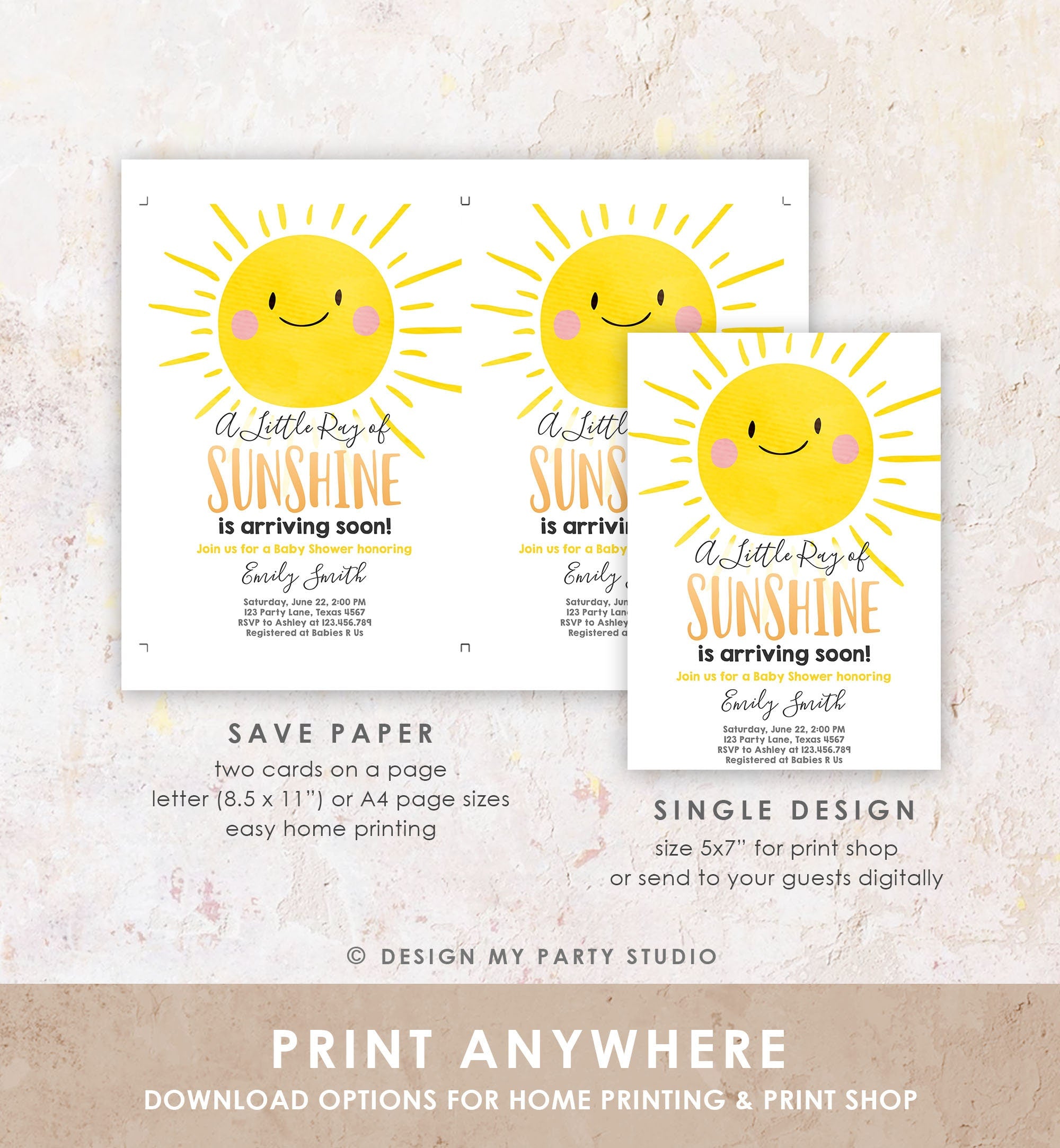 Editable Sunshine Baby Shower Invitation A Ray of Sunshine Little Sunshine Gender Neutral Digital Download Evite Template Printable 0141