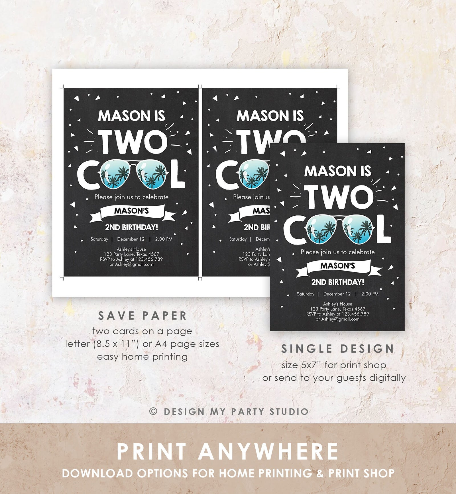 Editable Two Cool Birthday Invitation Boy Second Birthday Party 2nd I'm this Many Two Cool Digital Download Evite Template Printable 0136