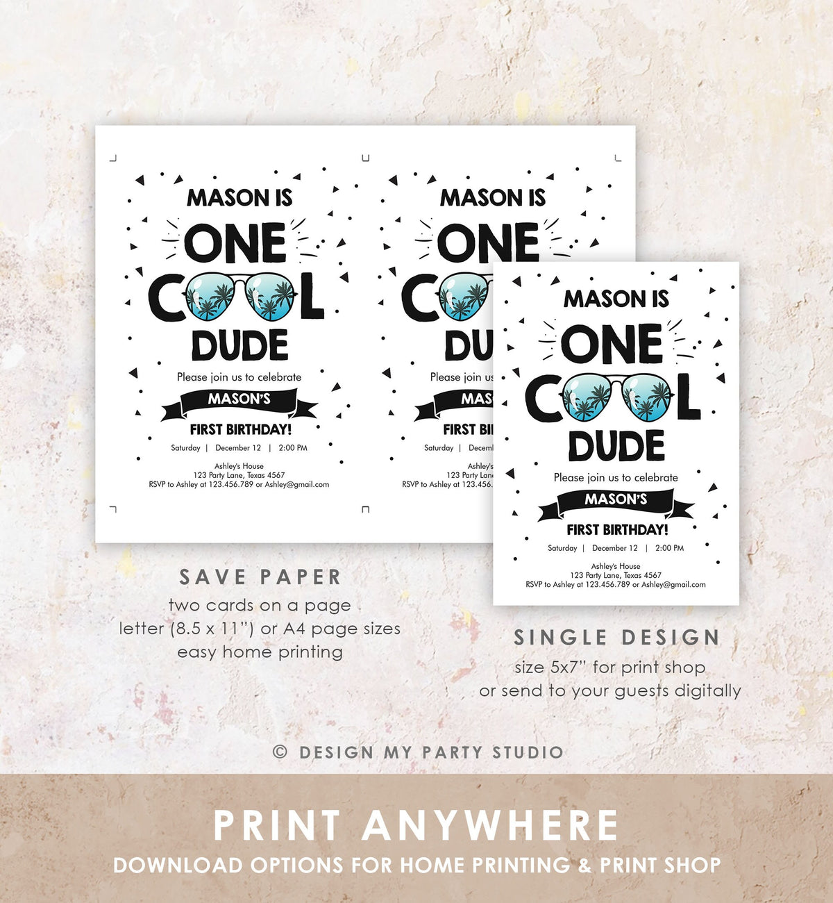 Editable One Cool Dude 1st Birthday Invitation Boy First Birthday Sunglasses Palm Tropical Pool Digital Evite Template Printable 0136