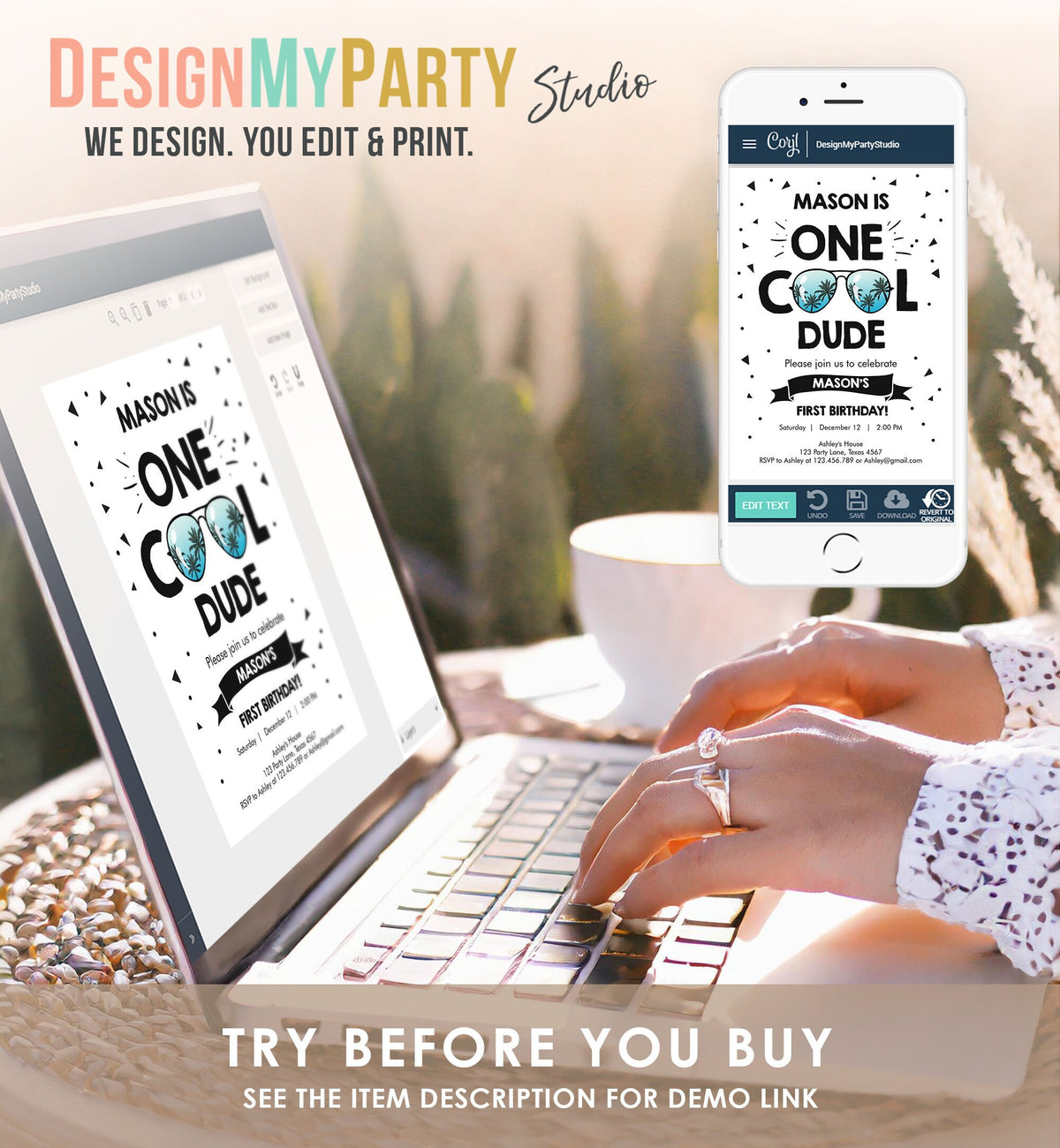 Editable One Cool Dude 1st Birthday Invitation Boy First Birthday Sunglasses Palm Tropical Pool Digital Evite Template Printable 0136