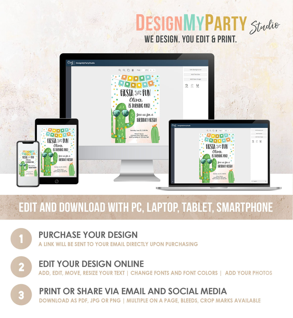 Editable Fiesta and Fun Birthday Invitation First Fiesta Cactus Sunglasses Blue Boy ANY AGE Digital Download Evite Template Printable 0135