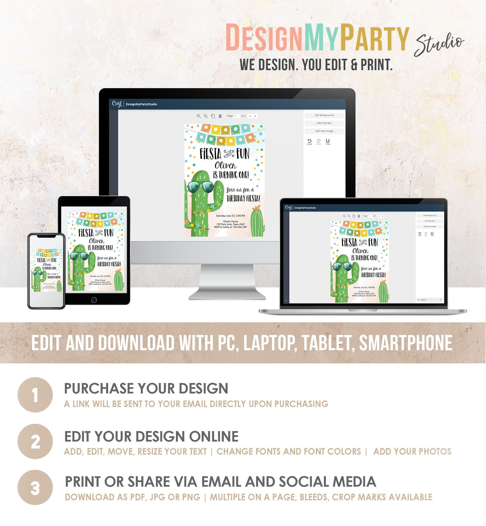 Editable Fiesta and Fun Birthday Invitation First Fiesta Cactus Sunglasses Blue Boy ANY AGE Digital Download Evite Template Printable 0135