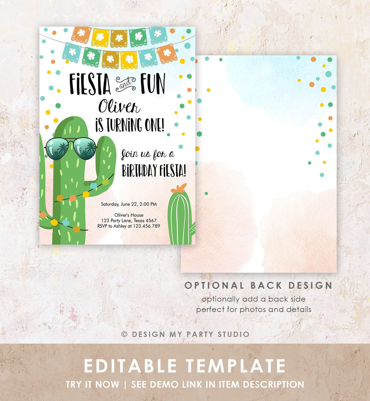 Editable Fiesta and Fun Birthday Invitation First Fiesta Cactus Sunglasses Blue Boy ANY AGE Digital Download Evite Template Printable 0135