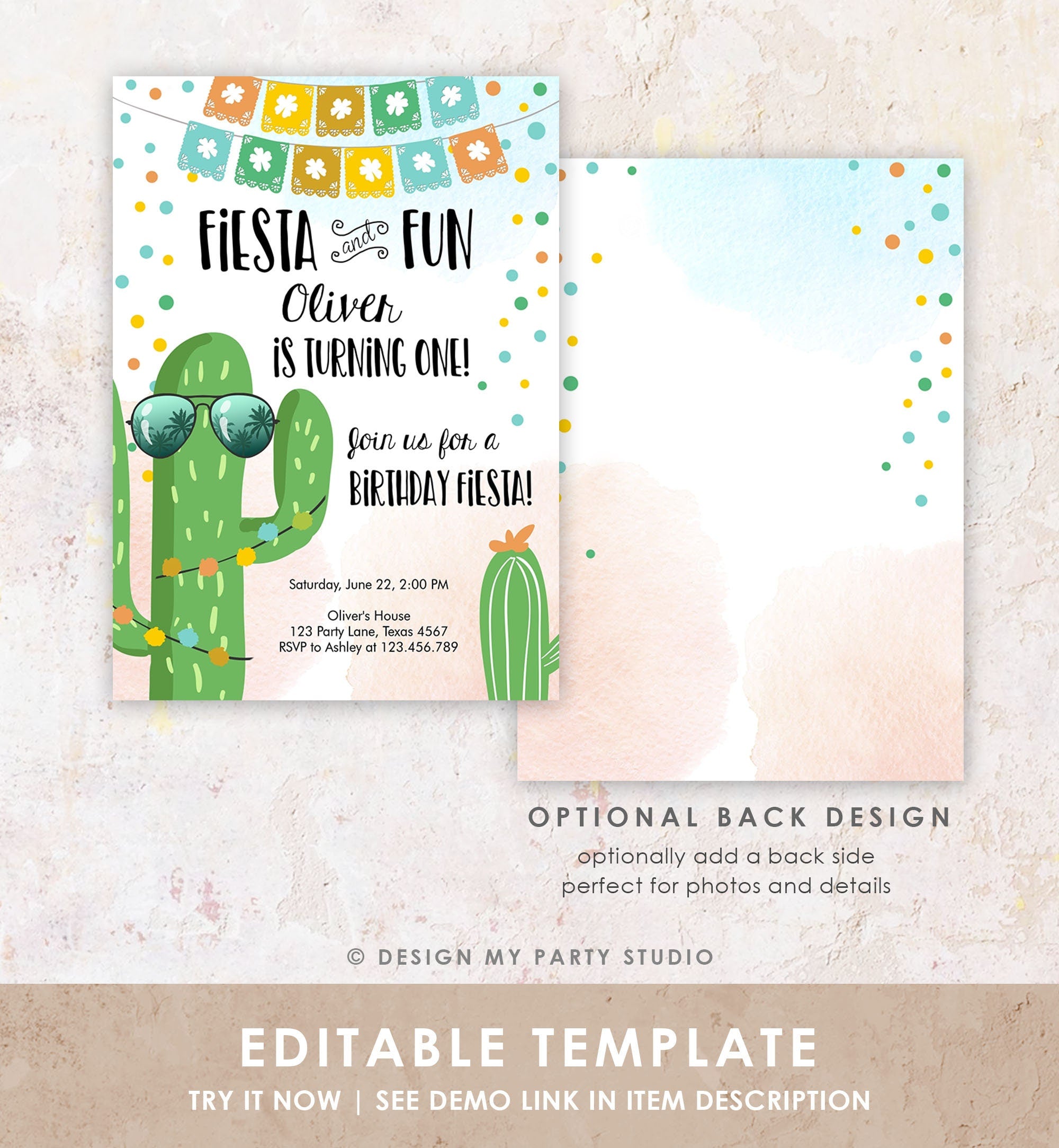 Editable Fiesta and Fun Birthday Invitation First Fiesta Cactus Sunglasses Blue Boy ANY AGE Digital Download Evite Template Printable 0135