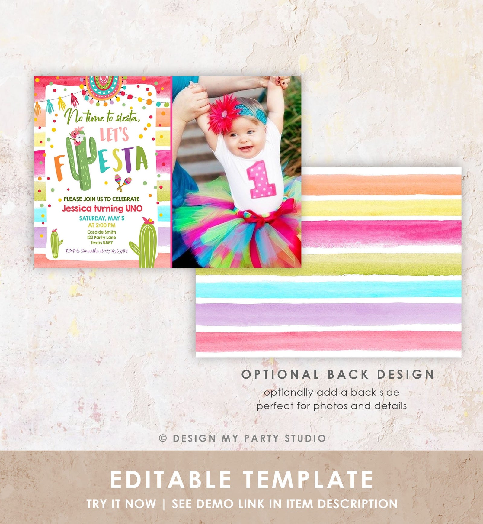 Editable Let's Fiesta Birthday Invitation Cactus Succulent First Birthday Party Girl 1st Mexican Uno Digigtal Evite Template Printable 0134